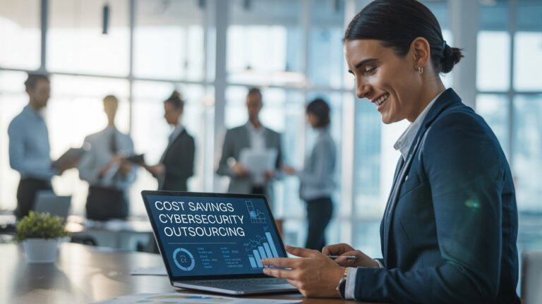 The confident professional reviewing the "Cost Savings Cybersecurity Outsourcing" data on her laptop demonstrates how outsourcing security services can enable organizations to reduce operational costs while maintaining effective protection.
