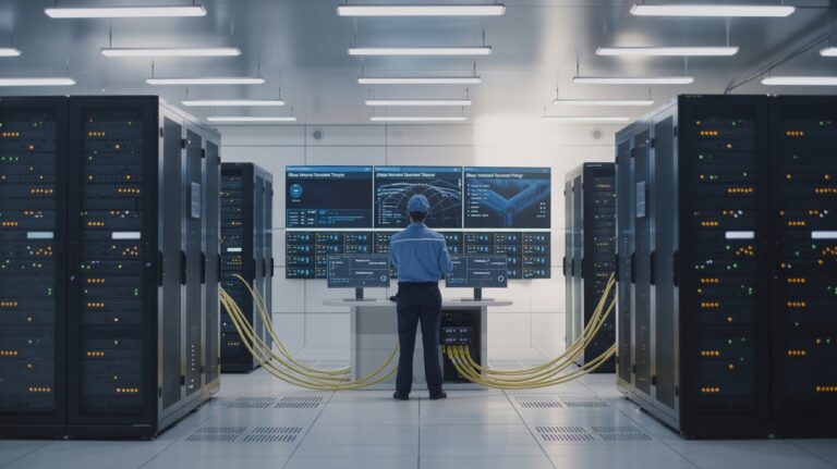 The image showcases the technologically advanced "Managed Security Service Types" that an MSSP provides, with the security professional monitoring multiple threat detection systems and analytics dashboards.