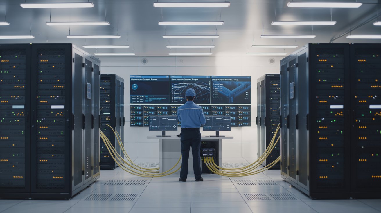 The image showcases the technologically advanced "Managed Security Service Types" that an MSSP provides, with the security professional monitoring multiple threat detection systems and analytics dashboards.
