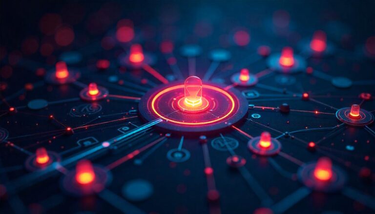 The intricate, glowing circuit board with pulsing indicators captures the "Threat Detection and Monitoring capabilities of the SOC (Security Operations Center)", where specialized cybersecurity technologies and sensors collect and analyze real-time data to identify potential security threats.