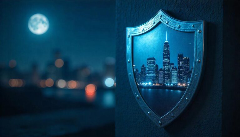 The ornate, illuminated shield framing the vibrant cityscape symbolizes the "benefits continuous security monitoring", where persistent vigilance and comprehensive threat detection safeguard an organization's digital assets against evolving cyber risks, just as this shield protects the urban landscape.