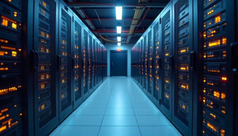 The rows of server racks and blinking lights in this data center environment represent the extensive infrastructure that a "Security Operations Center functions" must monitor and safeguard, ensuring the continuous availability and integrity of critical systems and data.
