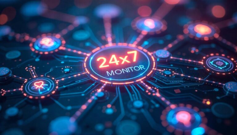 The vibrant, pulsing "24x7 Monitor" display at the center of this dynamic, interconnected cybersecurity visualization exemplifies the benefits of continuous, round-the-clock monitoring in the Security Operations Center (SOC), where comprehensive surveillance and rapid response capabilities safeguard an organization's critical digital infrastructure.