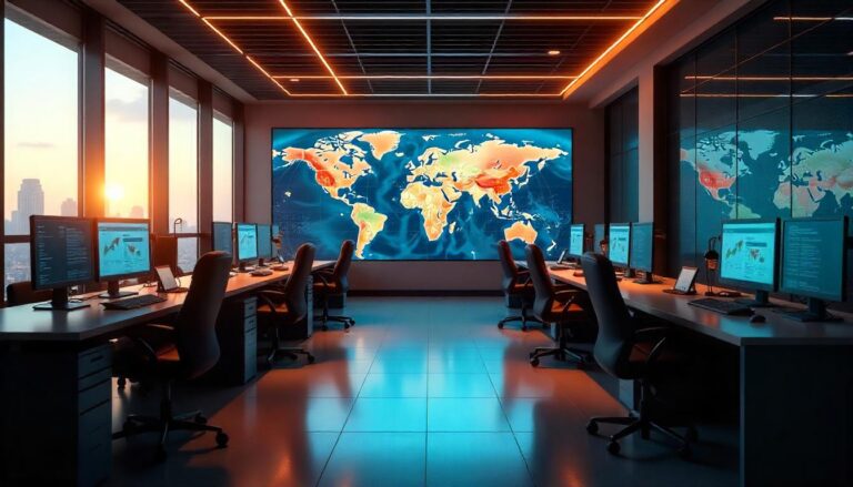 The high-tech, collaborative workspace depicted in this image illustrates the "Role of the Security Operations Center (SOC) in Cybersecurity", where cross-functional teams leverage advanced analytics and incident response capabilities to proactively defend against cyber threats and ensure business continuity.