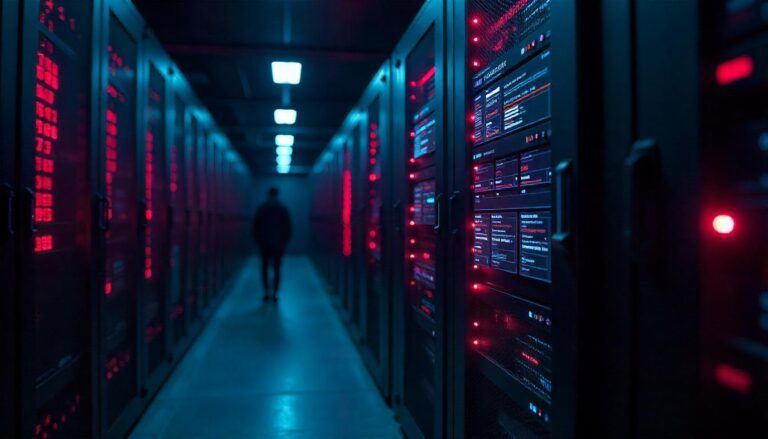 The dimly lit, shadowy figure moving through the cybersecurity data center underscores the "threat detection after hours" capabilities required to safeguard critical systems, as these facilities operate 24/7 to monitor for potential intrusions and respond to emerging security risks.