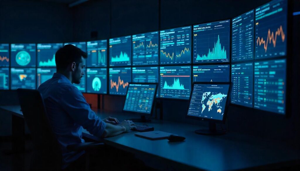The cybersecurity professional intently monitoring the complex data visualizations and analytics dashboards exemplifies the "24x7 SOC monitoring benefits", where comprehensive threat detection and real-time risk assessment empower them to rapidly respond to evolving security challenges.