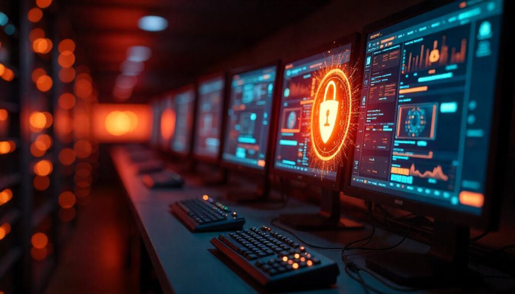 The intense, data-driven security monitoring displayed on the multiple screens illustrates "why need 24/7 security monitoring" in the Security Operations Center (SOC), where vigilant cybersecurity professionals leverage advanced technologies to detect, analyze, and mitigate evolving threats in real-time to safeguard an organization's critical digital assets.