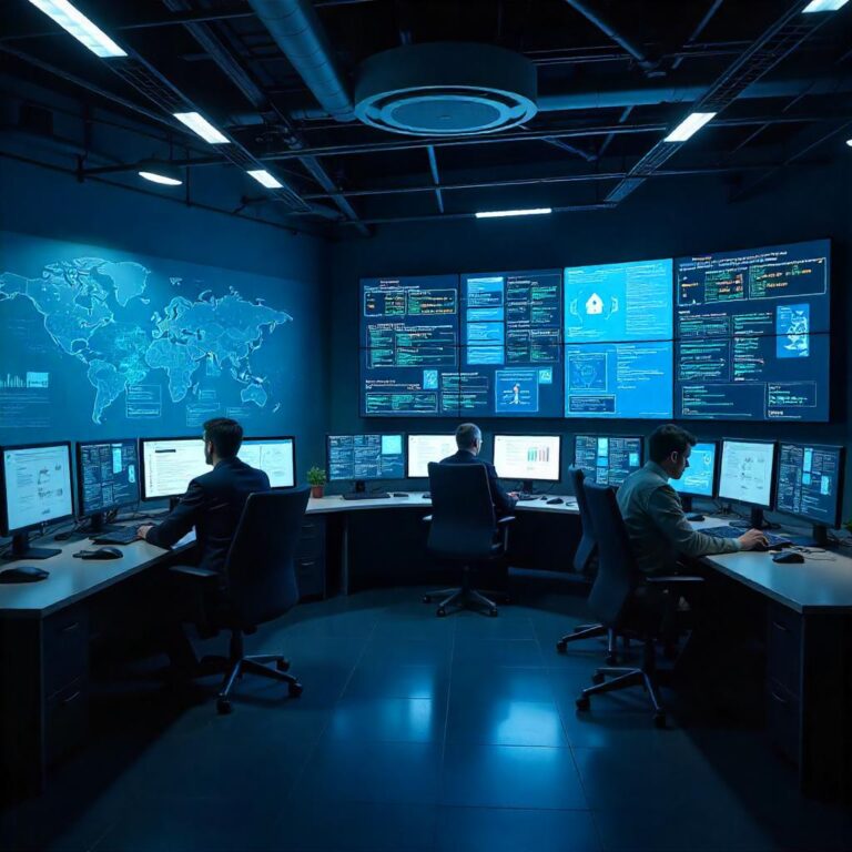 This high-tech, data-centric workspace illustrates the "Security Incident Response SOC", where specialized teams harness comprehensive threat intelligence, analytical capabilities, and collaborative problem-solving to safeguard an organization's critical systems and assets against evolving cyber threats.