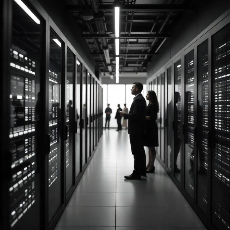 The silhouetted figures in this image convey the collaborative nature of the "How Security Operations Center Works", where cross-functional experts leverage the facility's advanced technologies and shared vigilance to proactively detect, analyze, and mitigate cyber risks in real-time.