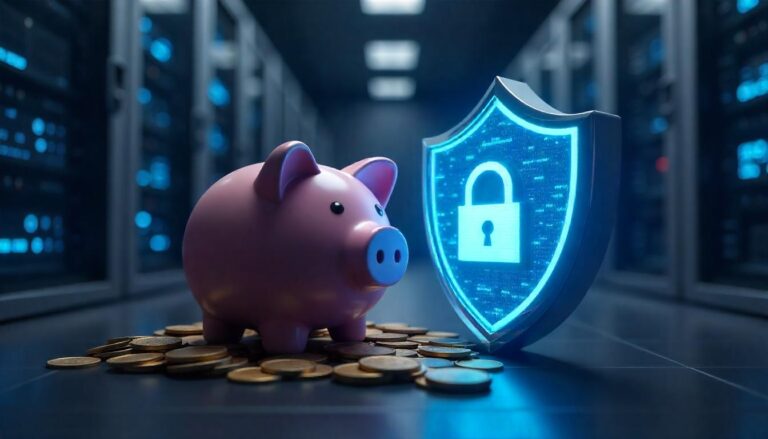 This visually striking scene, with the piggy bank surrounded by coins and the illuminated security shield, underscores the importance of prioritizing cost proactive vs reactive security measures to protect financial assets and data, as the long-term cost savings often outweigh the initial expenditure.