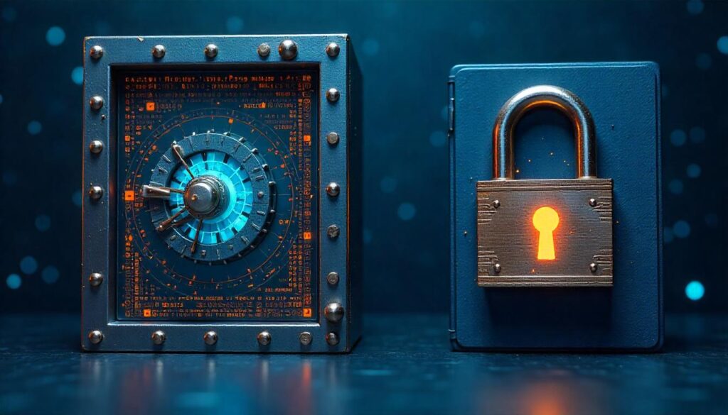 This visually striking scene, featuring the complex technical interface alongside the glowing padlock, underscores the potential financial benefits of adopting cost proactive vs reactive security strategy, where advanced, multilayered defenses can safeguard against the high costs associated with data breaches and system failures.