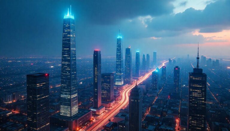 The intense, technology-driven atmosphere depicted in this image emphasizes the value an MSSP for growing businesses [city], where the expansive, glowing skyline symbolizes the agility and breadth required to implement and maintain robust, customized security solutions that can keep pace with the rapid digital transformation of a modern, thriving metropolitan area