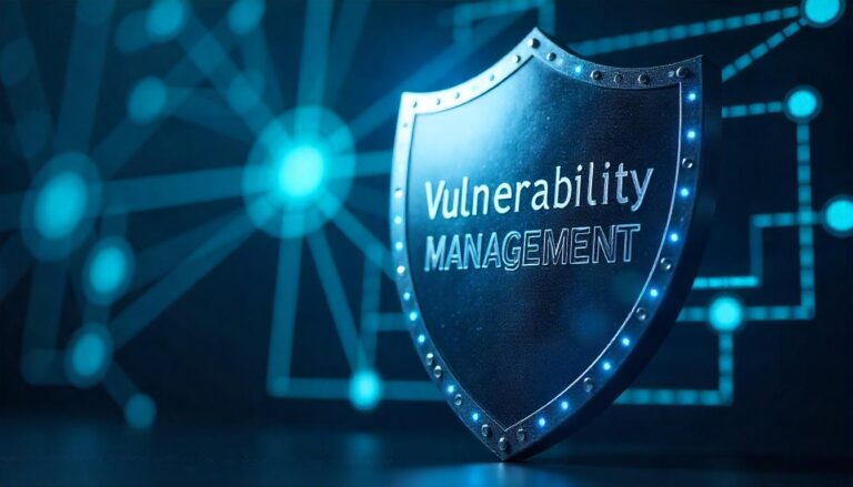 The striking, futuristic shield emblazoned with the Vulnerability Management proactive approach, where organizations leverage comprehensive vulnerability management strategies to anticipate, identify, and mitigate potential security weaknesses before they can be exploited.