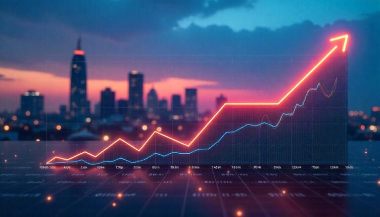 The striking visual of the glowing, upward-trending graph overlaying the vibrant city skyline represents how Managed Security Service Providers (MSSPs) adjust security services demand of growing businesses in this urban environment. The dynamic, data-driven nature of the graph symbolizes the MSSP's ability to scale and optimize its offerings in response to the changing needs of enterprises