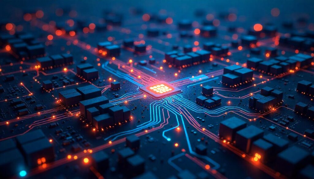 The intense, technology-driven atmosphere illustrated in this image emphasizes how MSSPs provide scalability security operations, where the dynamic, interconnected system of digital elements symbolizes the agility and breadth required to implement and maintain robust, customizable protection for organizations of any size or complexity.