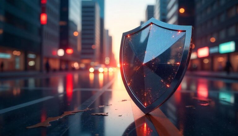 The cracked and damaged security shield in the foreground of this urban landscape serves as a stark reminder of the need to moving towards proactive defense strategy, where organizations anticipate and mitigate emerging threats before they can cause significant harm to critical assets.
