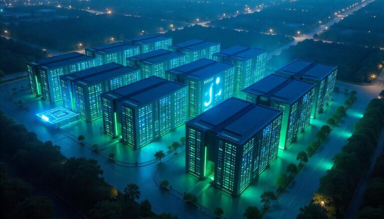 The expansive, illuminated data center complex depicted in this image represents the benefits scalable security solutions, where a centralized, flexible infrastructure can adapt to protect an organization's growing digital footprint and accommodate evolving technology needs.