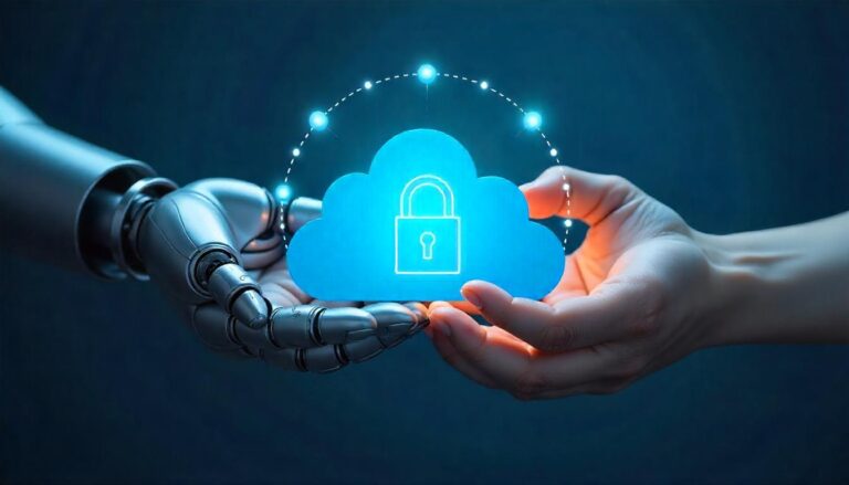 The human hand gently cradling the glowing cloud icon with the embedded security lock symbolizes the cloud security shared responsibility model. This visual metaphor represents the collaborative approach between the Managed Security Service Provider and the client, where the MSSP provides the secure cloud infrastructure while the client actively participates in maintaining data protection and access controls.