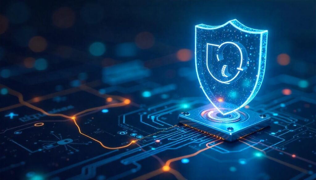 The captivating, holographic security shield prominently displayed on the intricate circuit board in this image symbolizes the ability to scale security operations easily, where advanced, integrated safeguards can adapt and expand to protect evolving digital infrastructure.