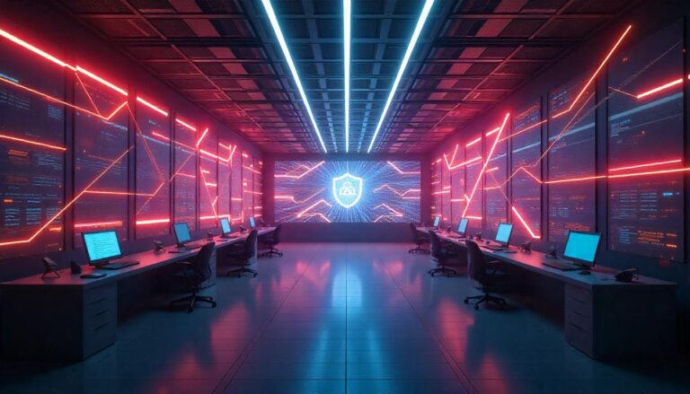 The striking, technologically advanced security control room, with its vibrant neon lighting and projected security emblem, represents the future proof security infrastructure that Managed Security Service Providers can deliver. The immersive, high-tech environment reflects the MSSP's ability to deploy cutting-edge security solutions that anticipate and defend against evolving cyber threats, ensuring organizations remain resilient and adaptable.