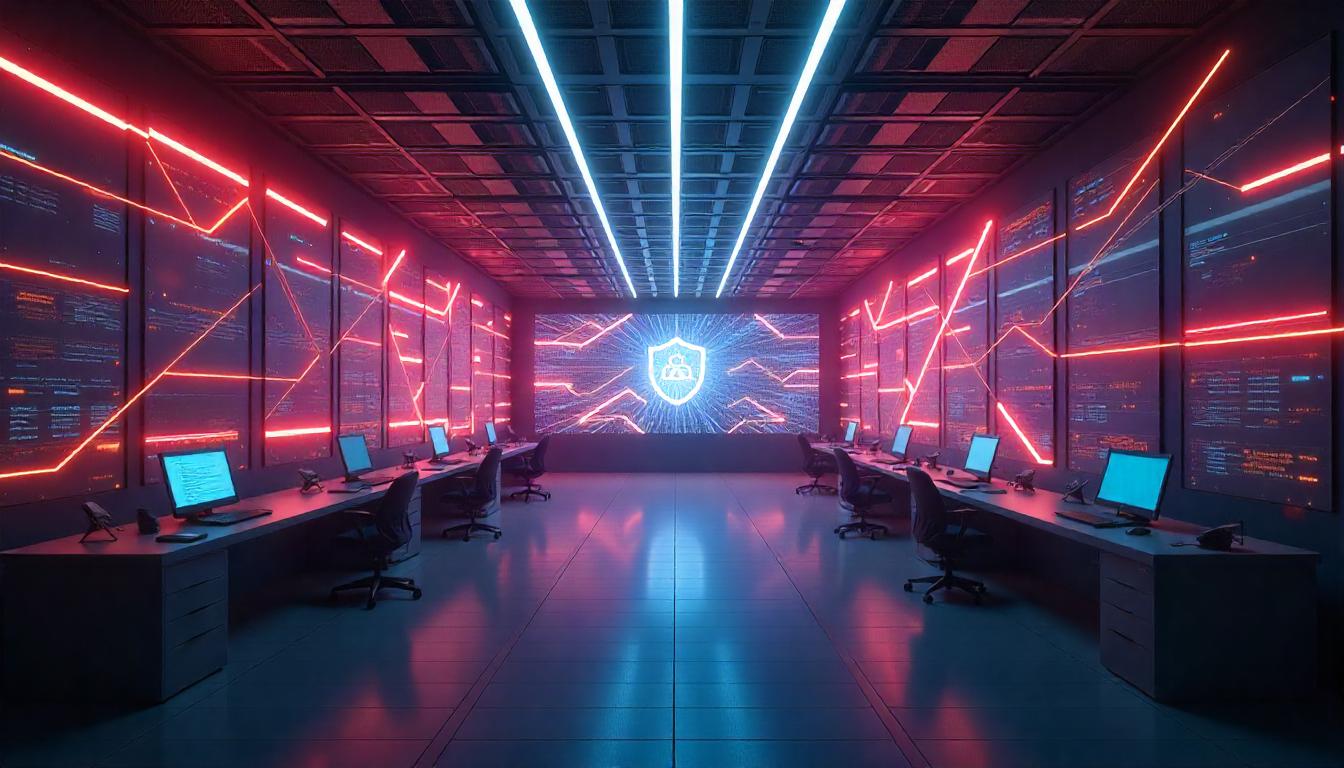 The striking, technologically advanced security control room, with its vibrant neon lighting and projected security emblem, represents the future proof security infrastructure that Managed Security Service Providers can deliver. The immersive, high-tech environment reflects the MSSP's ability to deploy cutting-edge security solutions that anticipate and defend against evolving cyber threats, ensuring organizations remain resilient and adaptable.