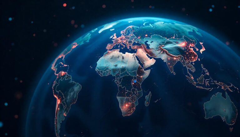 The captivating, illuminated depiction of the Earth in this image highlights the need for a "proactive versus reactive cybersecurity" approach, where organizations leverage advanced global monitoring and threat intelligence to anticipate and mitigate potential risks across diverse international markets and regions.