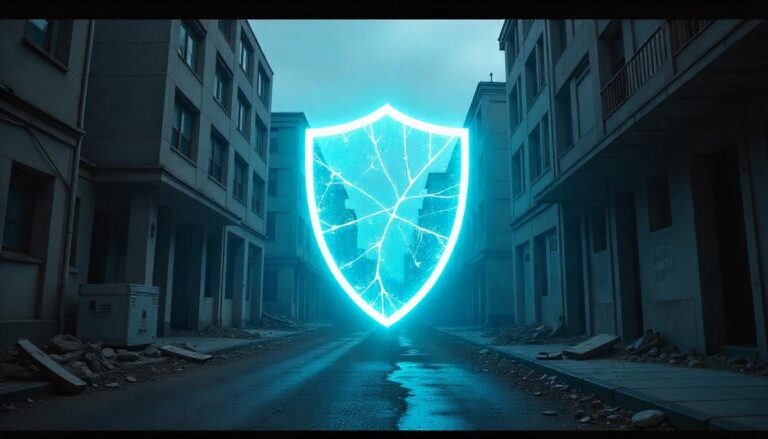 The striking, luminous security shield suspended in this desolate, run-down urban setting conveys the limitations reactive security model, where organizations solely rely on defensive measures to address threats rather than proactively fortifying their infrastructure and preparedness.