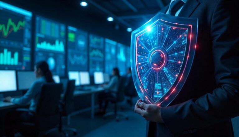 The striking, visually captivating security shield held by the individual in this image represents the power of predictive security analytics benefits, where advanced data monitoring, threat intelligence, and automated response capabilities can proactively safeguard critical systems and assets.