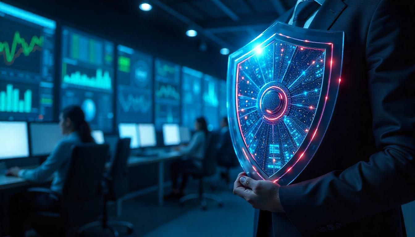 The striking, visually captivating security shield held by the individual in this image represents the power of predictive security analytics benefits, where advanced data monitoring, threat intelligence, and automated response capabilities can proactively safeguard critical systems and assets.