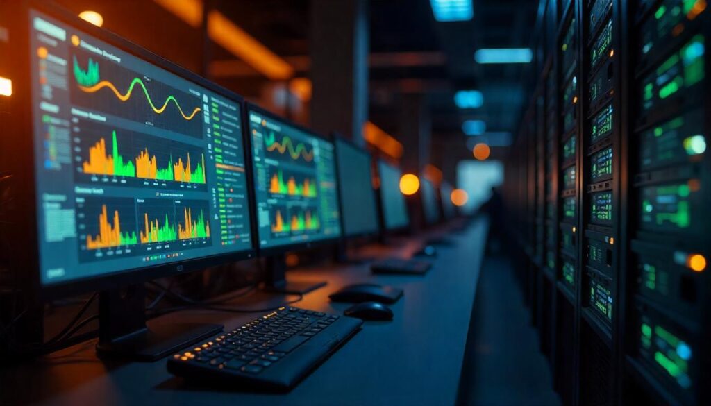 The sophisticated, data-driven displays and workstations in this image highlight the necessity for "cost effective 24/7 monitoring" solutions that leverage advanced analytics and automation to enable security teams to maintain persistent vigilance over complex IT environments, optimizing resources while safeguarding critical systems.