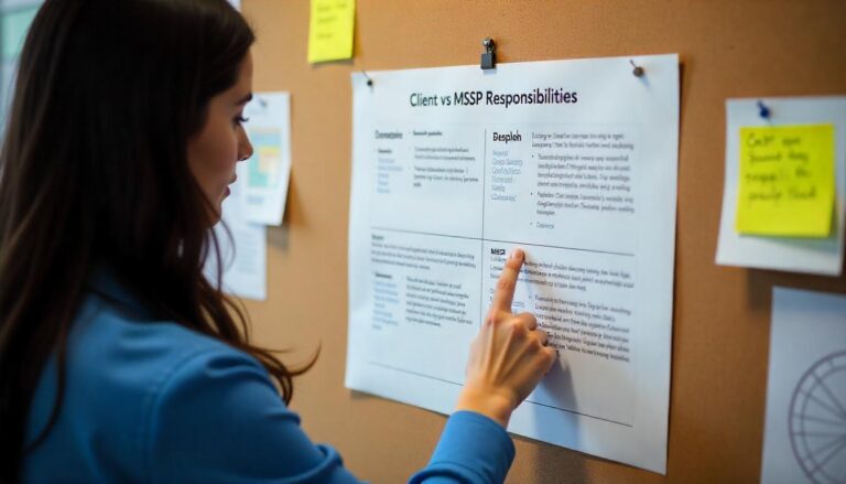 The image depicts a person examining a Client vs MSSP Responsibilities Matrix, which visually outlines the shared roles and duties between the client and the Managed Security Service Provider. This matrix provides a clear understanding of how the two parties collaborate to ensure comprehensive security measures are in place.