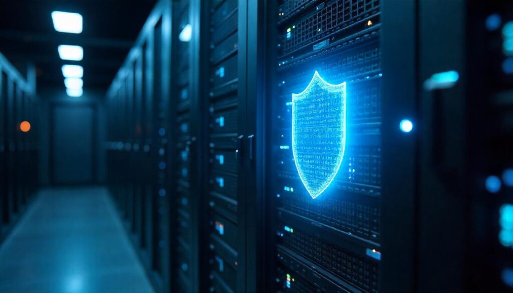The intense, technology-driven atmosphere depicted in this image emphasizes the importance of cost proactive vs reactive security prioritizing proactive security strategies, where the shielded server rack represents the ability to protect critical systems and data assets, ultimately resulting in a more cost-effective and resilient cybersecurity posture for the organization.