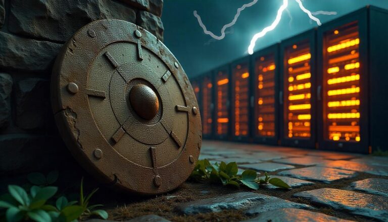 The battered, weathered shield in the foreground, surrounded by lush vegetation and set against the dramatic storm-filled backdrop of the data center, symbolizes how Managed Security Service Providers can help organizations handling peak security loads. The MSSP's ability to provide robust, resilient safeguards enables businesses to weather even the most intense cyber threats without disrupting operations.