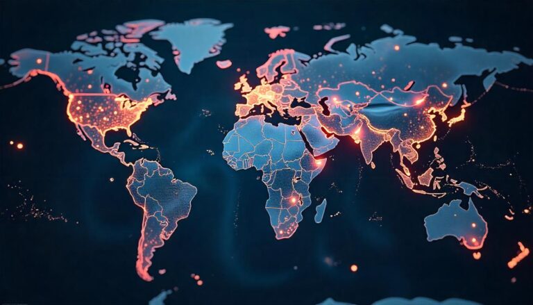 The captivating, data-driven visualization of the world map in this image exemplifies the comprehensive "global threat coverage monitoring" capabilities that organizations must employ to detect, analyze, and respond to emerging cybersecurity risks across international borders and diverse geographical regions.