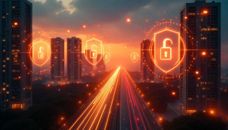 The striking, illuminated security shields and beacons dotting the cityscape in this image illustrate “the benefits proactive security strategy", where advanced protective measures and early threat detection empower organizations to safeguard their critical digital infrastructure and ensure business continuity, even in challenging environments.