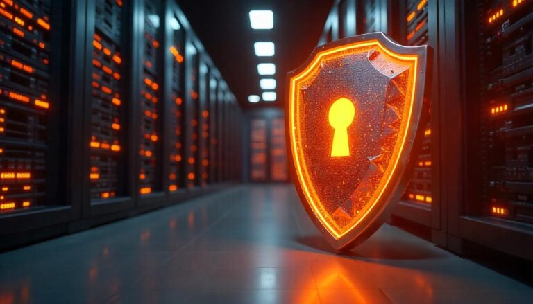 The striking, illuminated security shield in the foreground of this image exemplifies the need for a "proactive vs reactive security approach", where organizations prioritize preventative measures and rapid response capabilities to safeguard their critical digital infrastructure, rather than relying solely on reactive solutions.
