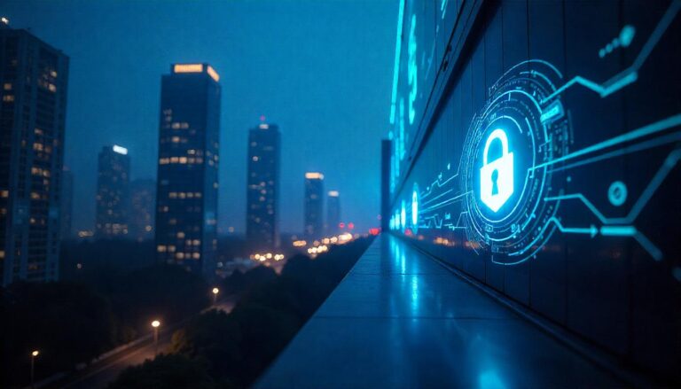 The prominent, glowing security lock icon set against the backdrop of the illuminated urban skyline exemplifies the "always on cybersecurity protection" required to safeguard an organization's digital assets, even in the midst of a bustling, connected metropolis.