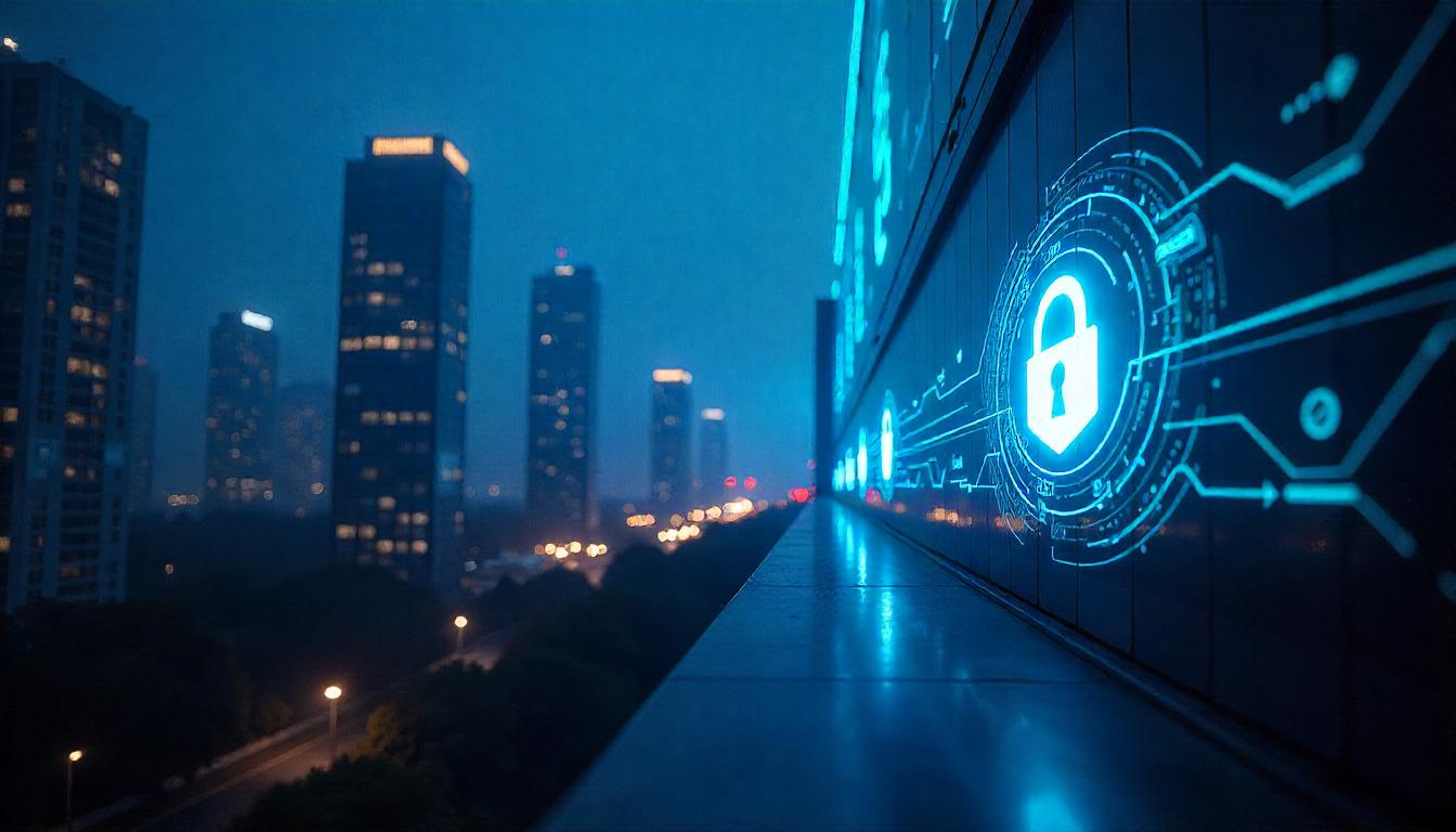 The prominent, glowing security lock icon set against the backdrop of the illuminated urban skyline exemplifies the "always on cybersecurity protection" required to safeguard an organization's digital assets, even in the midst of a bustling, connected metropolis.