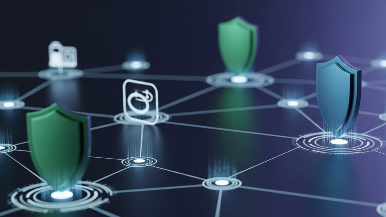 An interconnected network with glowing shields, representing achieving compliance through MSSP.