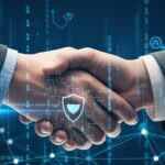 A handshake over a digital network, symbolizing the strategic value of MSSP partnership in cybersecurity.