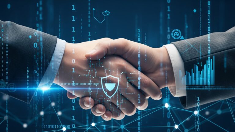 A handshake over a digital network, symbolizing the strategic value of MSSP partnership in cybersecurity.