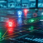 Cybersecurity network map with glowing nodes aiding understanding current threat landscape.