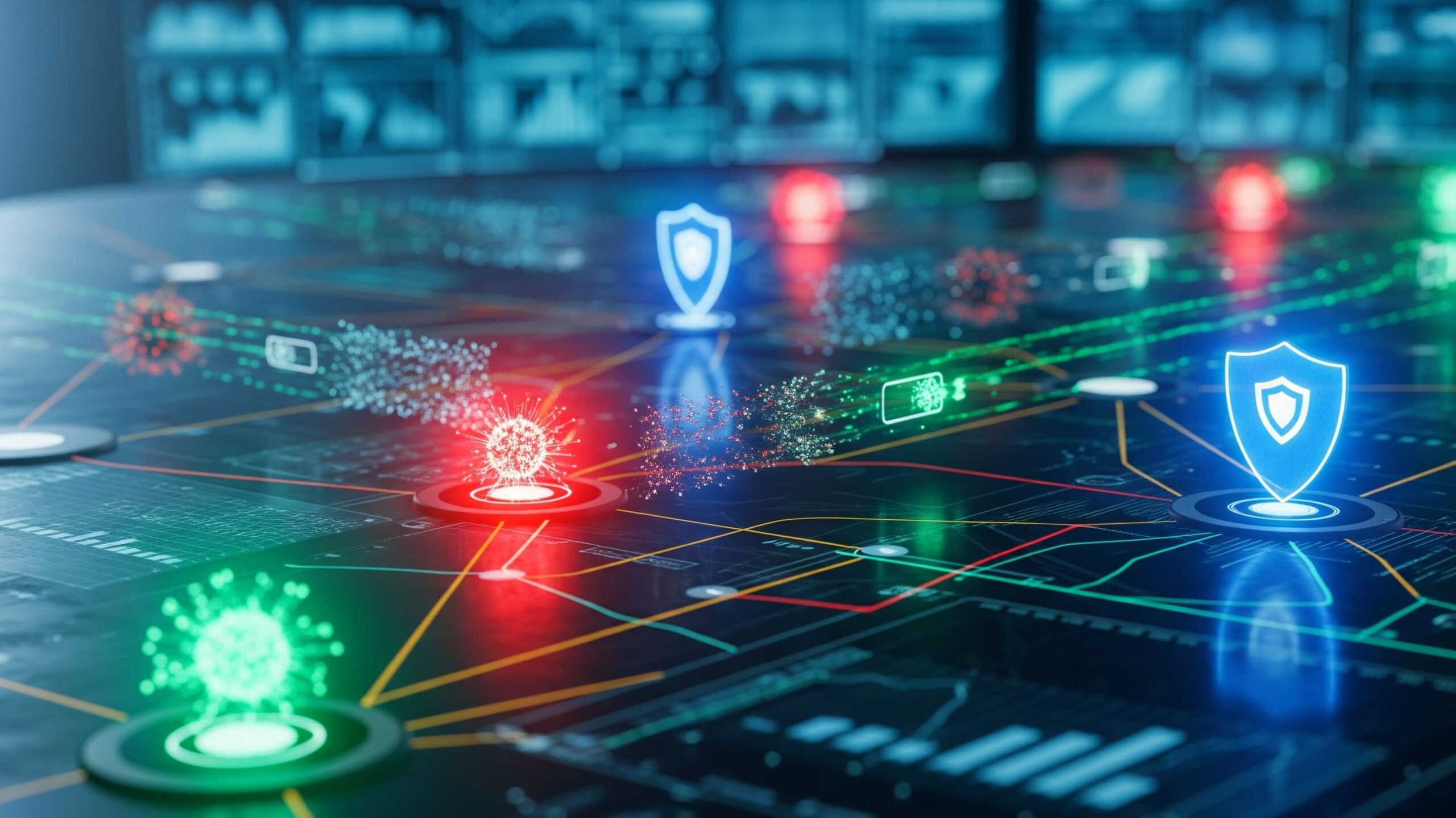 Cybersecurity network map with glowing nodes aiding understanding current threat landscape.