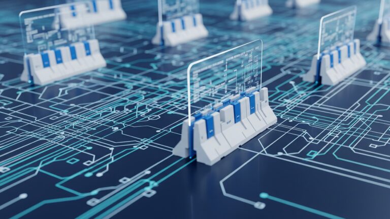 A circuit board with digital security barriers, symbolizing reducing security operational burden.