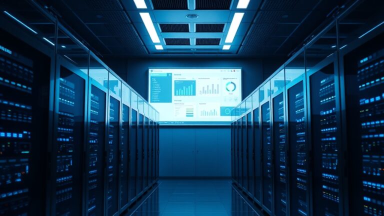 A modern data center showcasing MSSP core service offerings with server racks and a digital display.