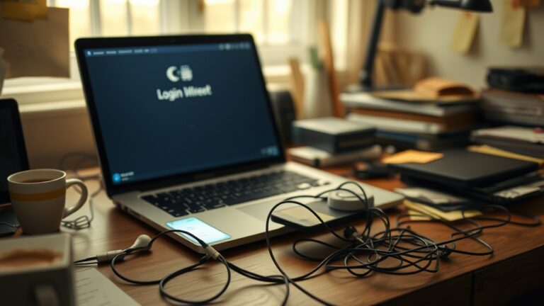 A cluttered desk with a laptop displaying a login screen, emphasizing phishing techniques awareness 2024.