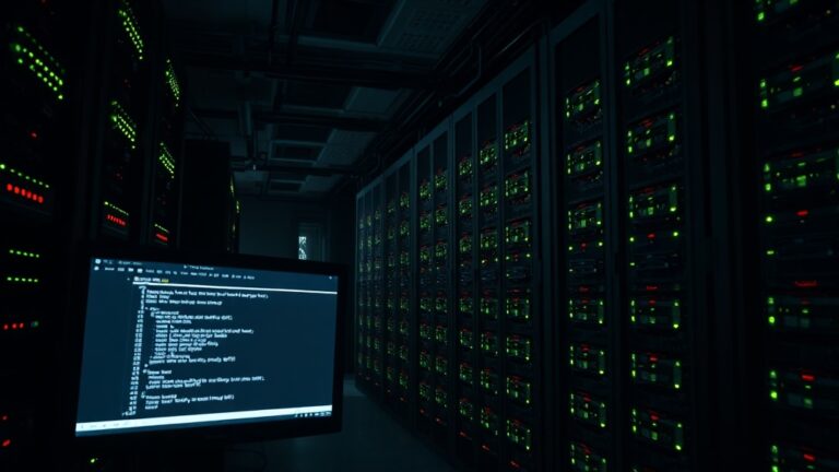 A dimly lit server room with rows of servers and a monitor displaying code related to advanced persistent threat (APT) groups.