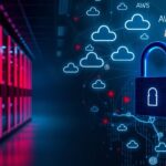 A server room with digital clouds and a lock symbol, illustrating the cloud security threat landscape.