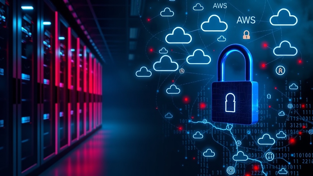 A server room with digital clouds and a lock symbol, illustrating the cloud security threat landscape.