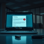 A laptop displaying a phishing warning, highlighting common cyber attack vectors in a dimly lit office.